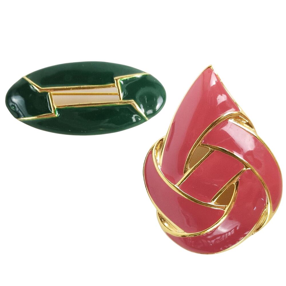 Vintage Napier Signed Goldtone Pink Enamel 2.25" Pendant & 2" Green Brooch Pin